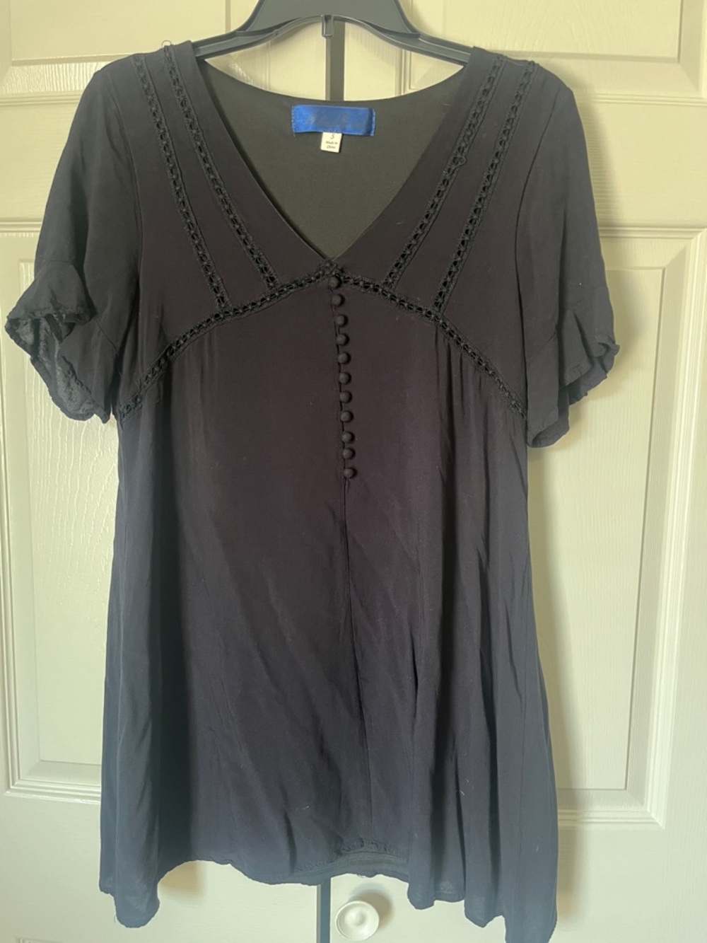 Women's Black V-Neck Mini Dress with Button Front Trim